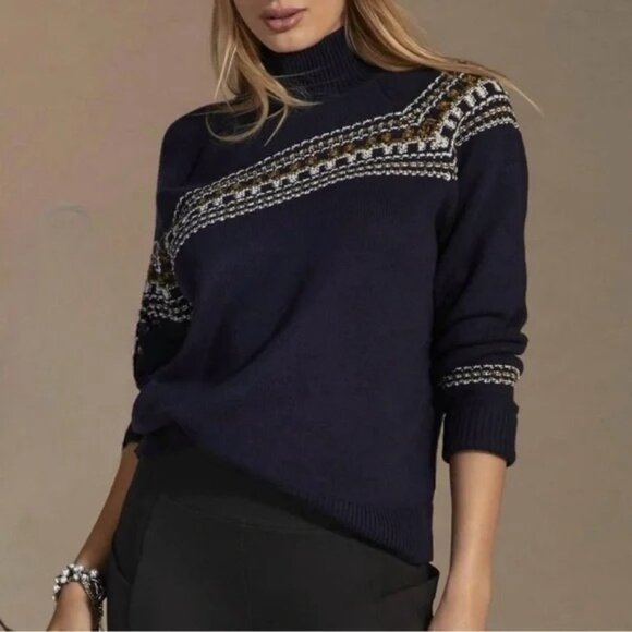 CABI Fair Isle Offset Zip Mock Neck Sweater Blue Sz M #4231 EUC - Picture 1 of 4